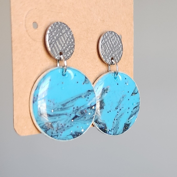 Blue and Silver Clay Post Dangle Earrings - Picture 2 of 6